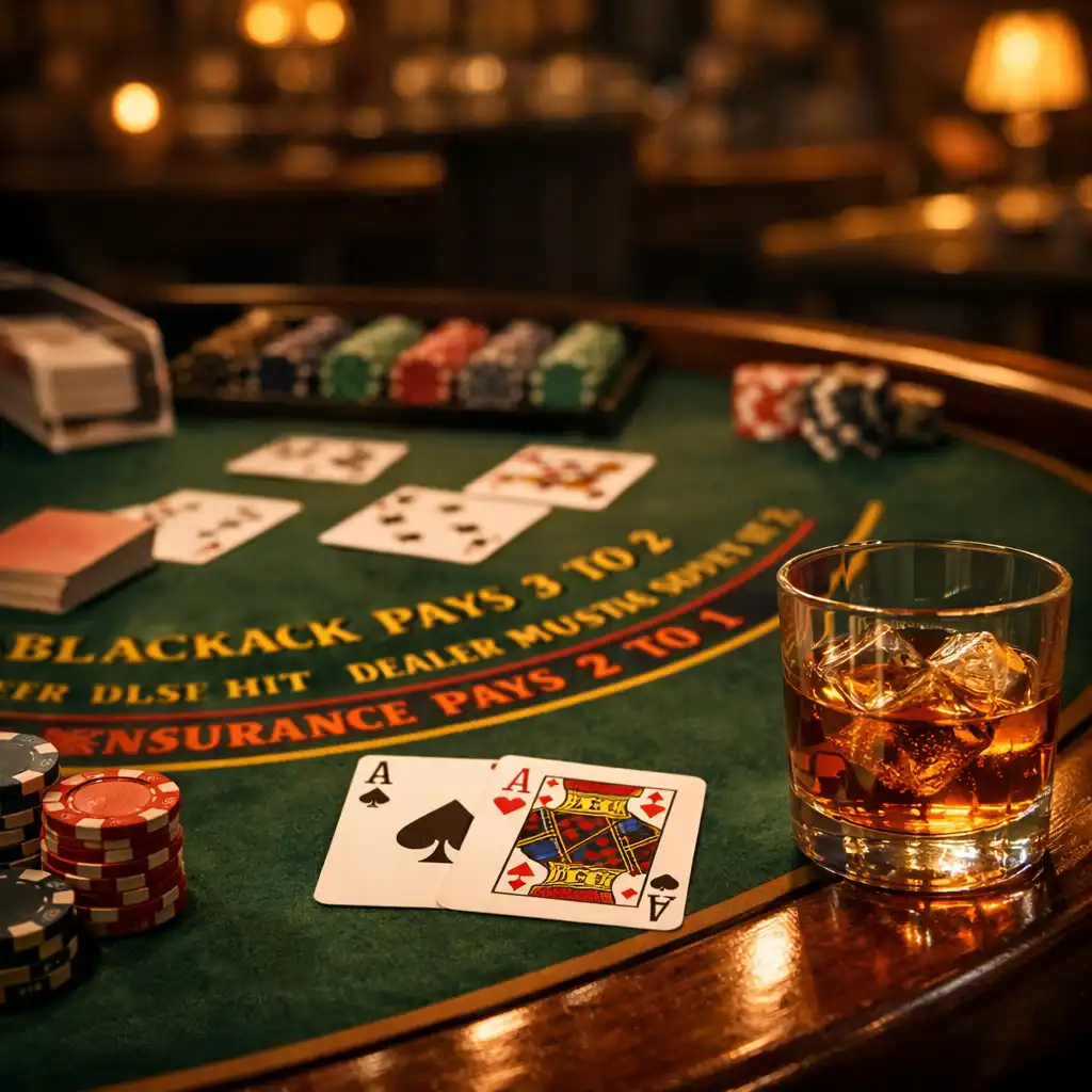Blackjack table with a glass of bourbon