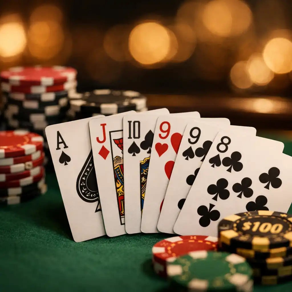 Blackjack cards fanned out with chips nearby