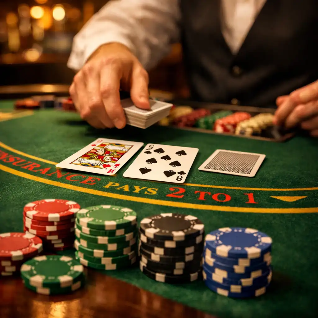 Blackjack table with cards and chips in warm light