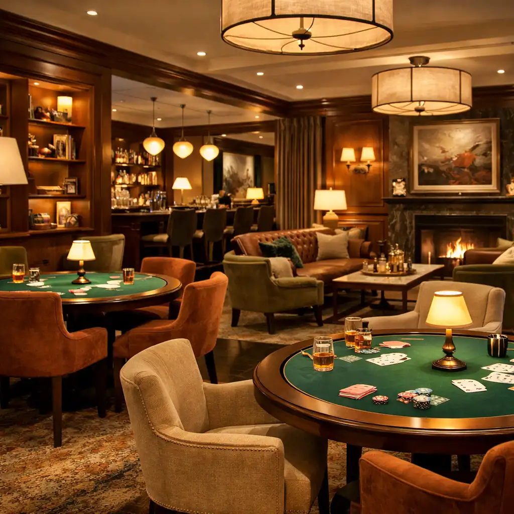 Stylish card lounge with round green felt table and plush burgundy chairs