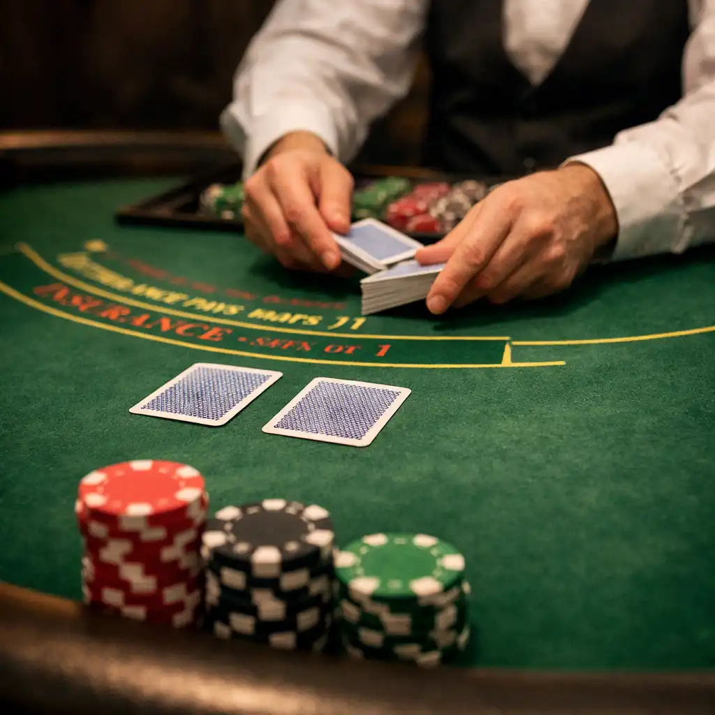 Blackjack table from a player's perspective with cards and chips