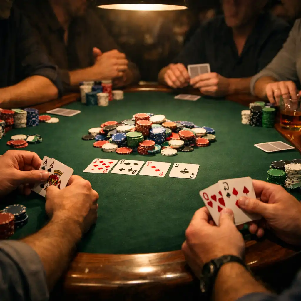 Poker table with players' hands and stacks of chips under moody light