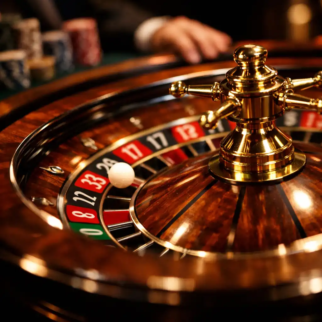 Roulette wheel in motion with brass accents and warm dramatic lighting