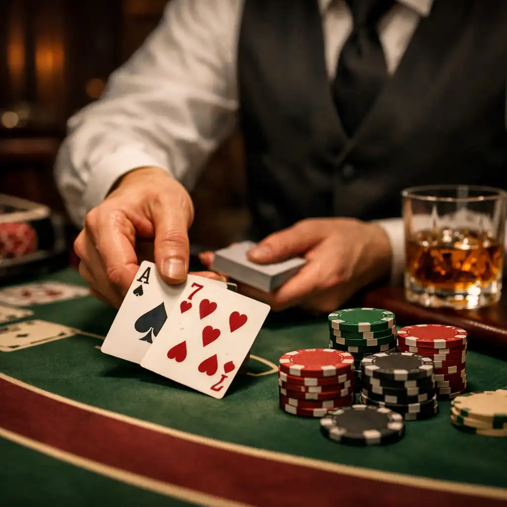 Close-up of a blackjack table with professional dealer hands dealing cards and chips neatly stacked