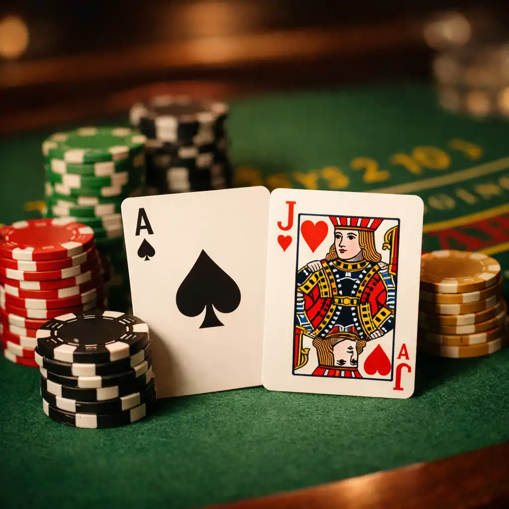 Close-up of a blackjack table with green felt, playing cards and stacks of chips under warm lighting