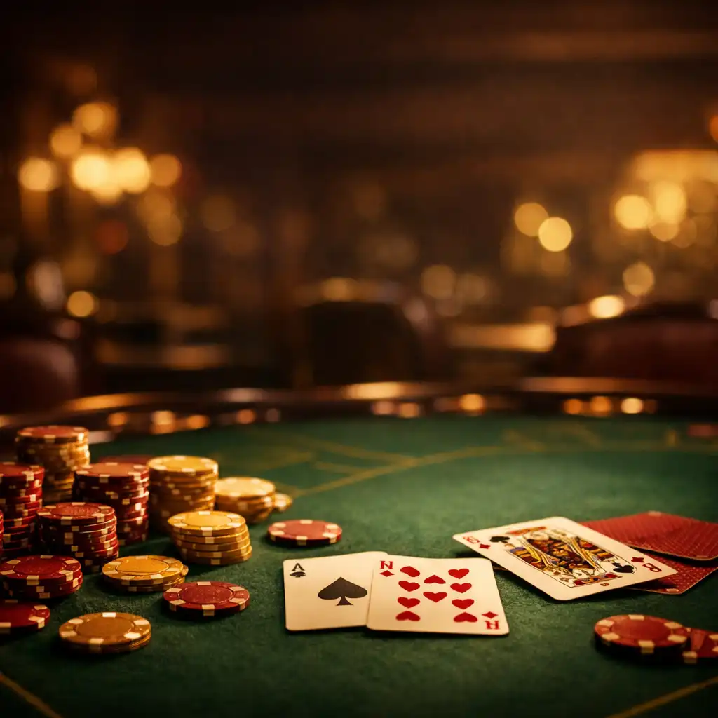 Elegant casino table with chips and cards in warm lighting