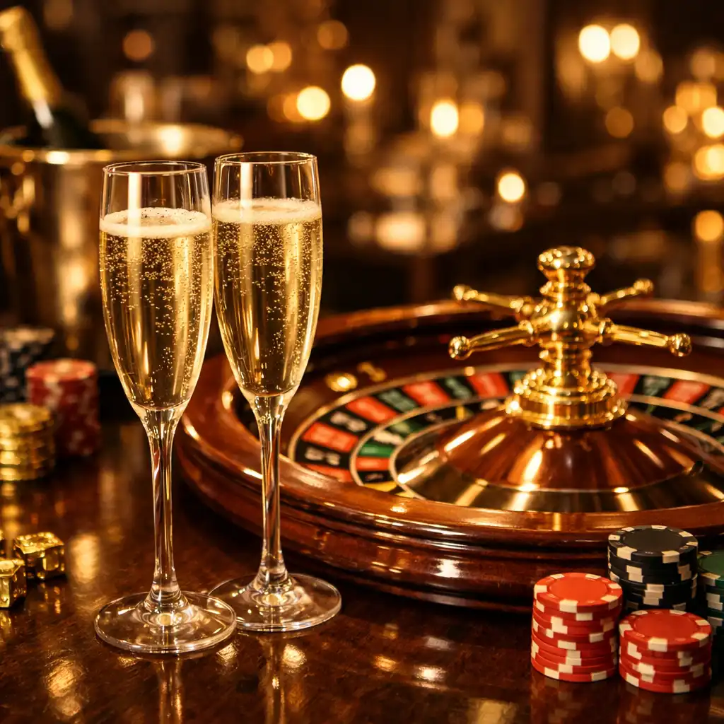 Champagne glasses next to a roulette wheel