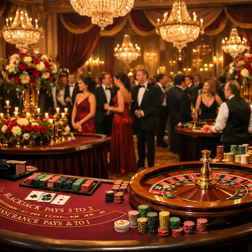 Elegant charity casino gala with blackjack and roulette tables