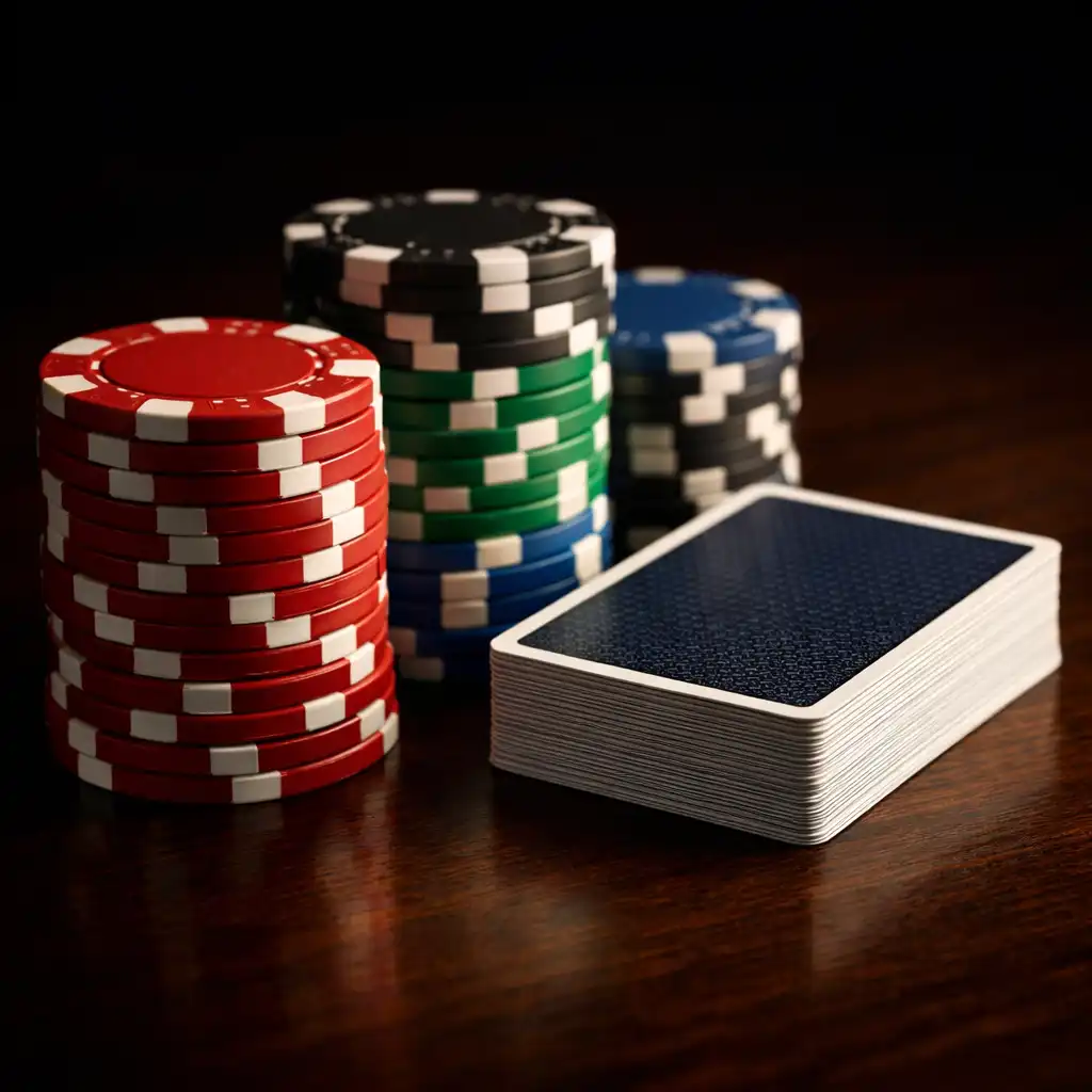 Close-up of casino chips and playing cards on a dark wood table