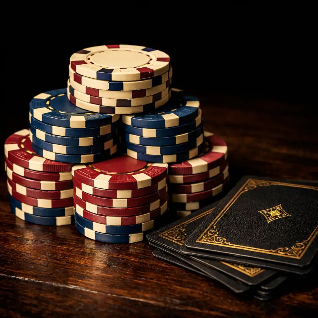 Close-up of casino chips and playing cards on a dark wooden table