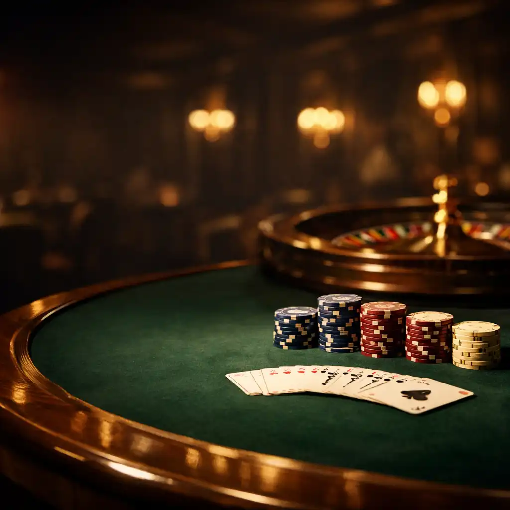 Elegant casino table with poker chips and playing cards in a dimly lit luxury event space