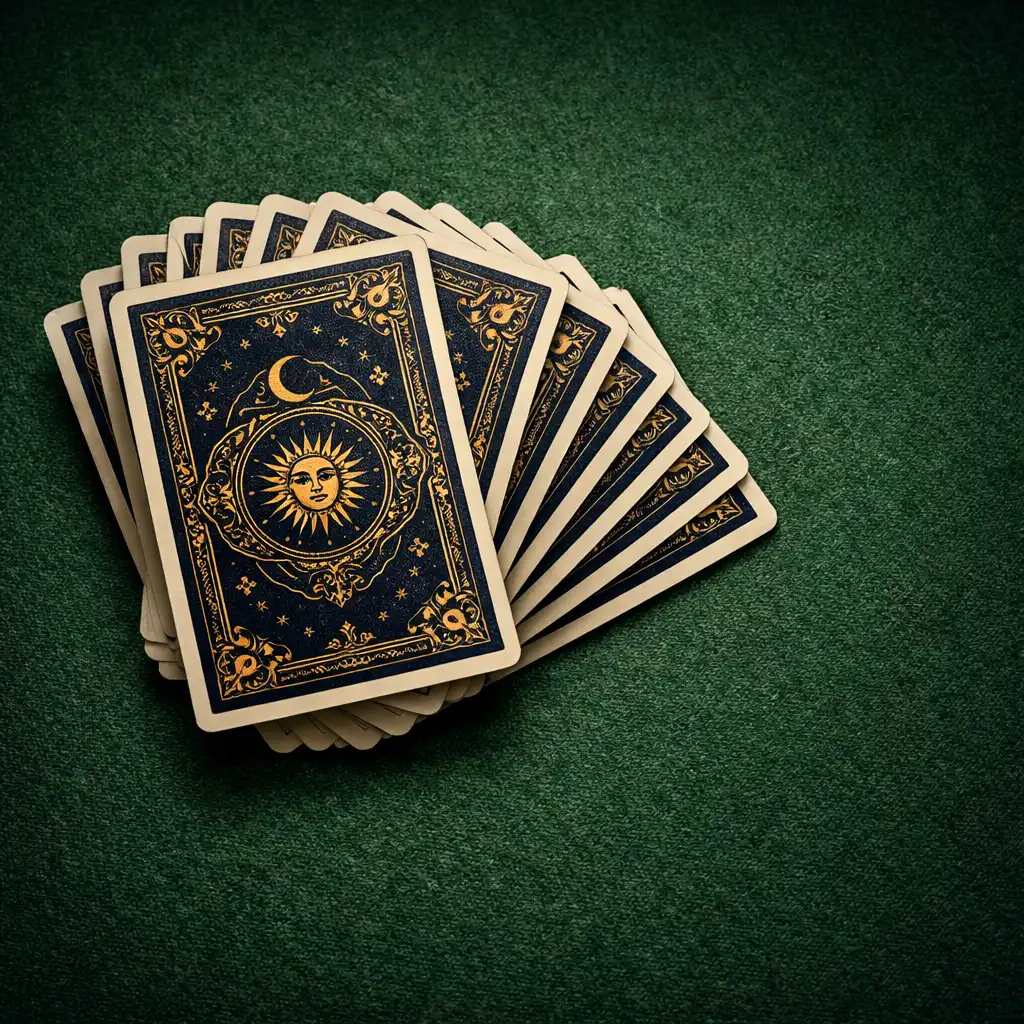 Fan of ornate playing cards with navy and gold design on green felt