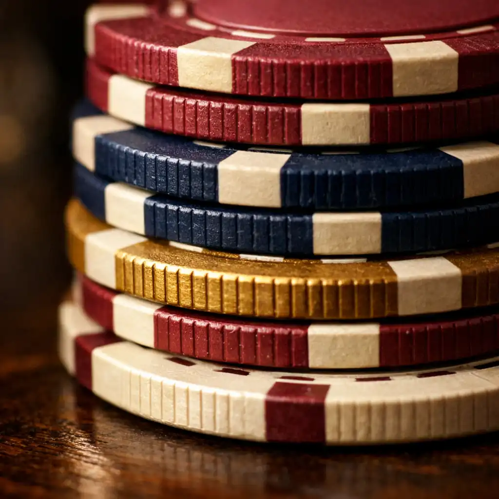 Macro shot of stacked casino chips in burgundy, navy, gold, and cream
