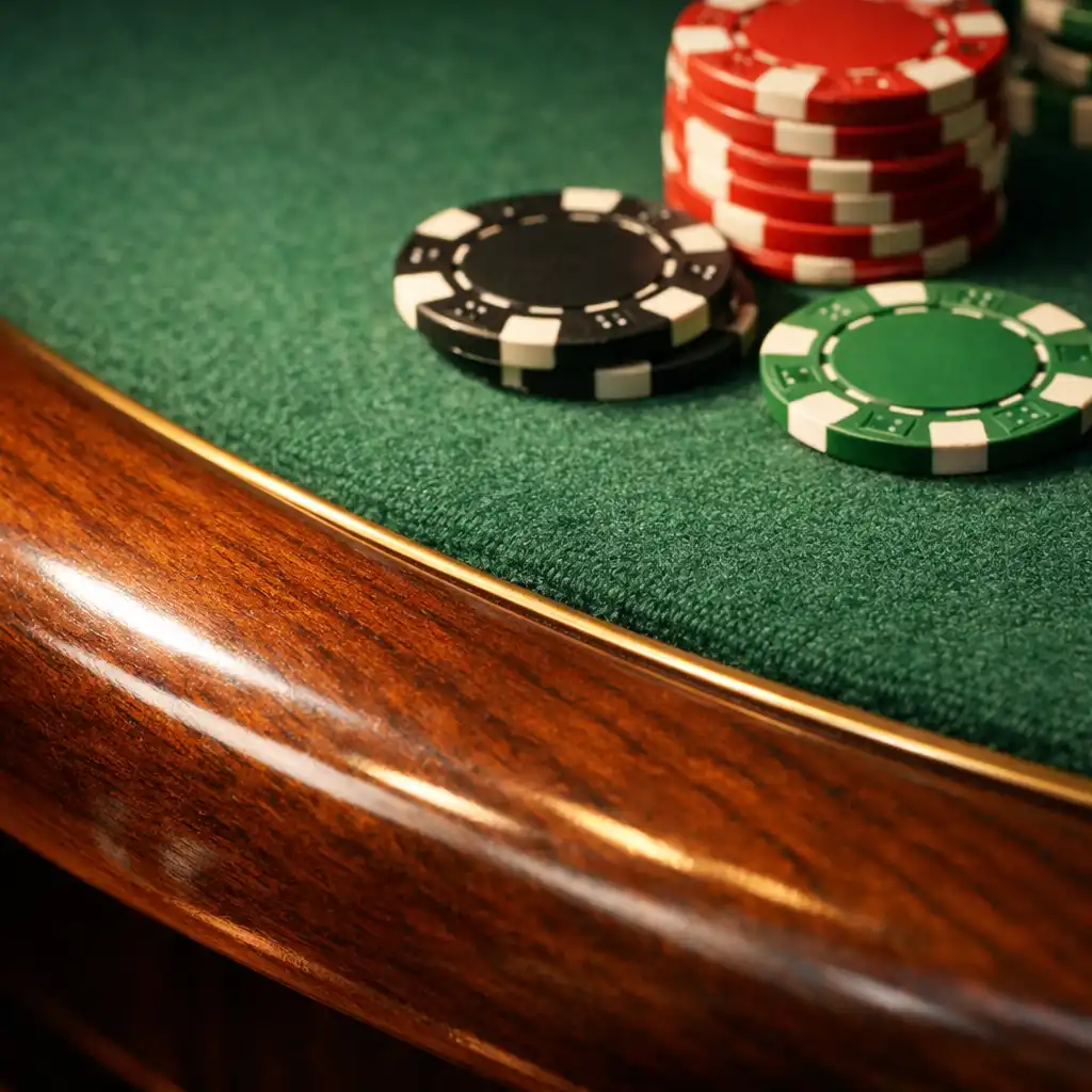 Close-up of casino table edge showing polished wooden rim and green felt