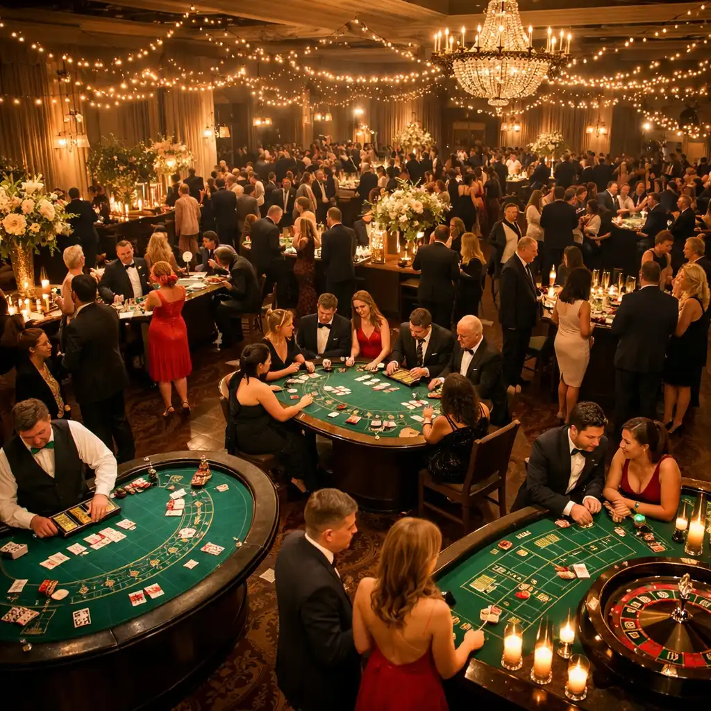 Wide shot of elegant event space with casino tables, guests, and warm string lights