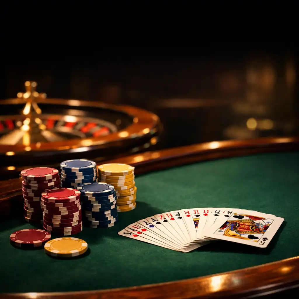 Luxurious casino table setting with chips and cards under warm cinematic lighting