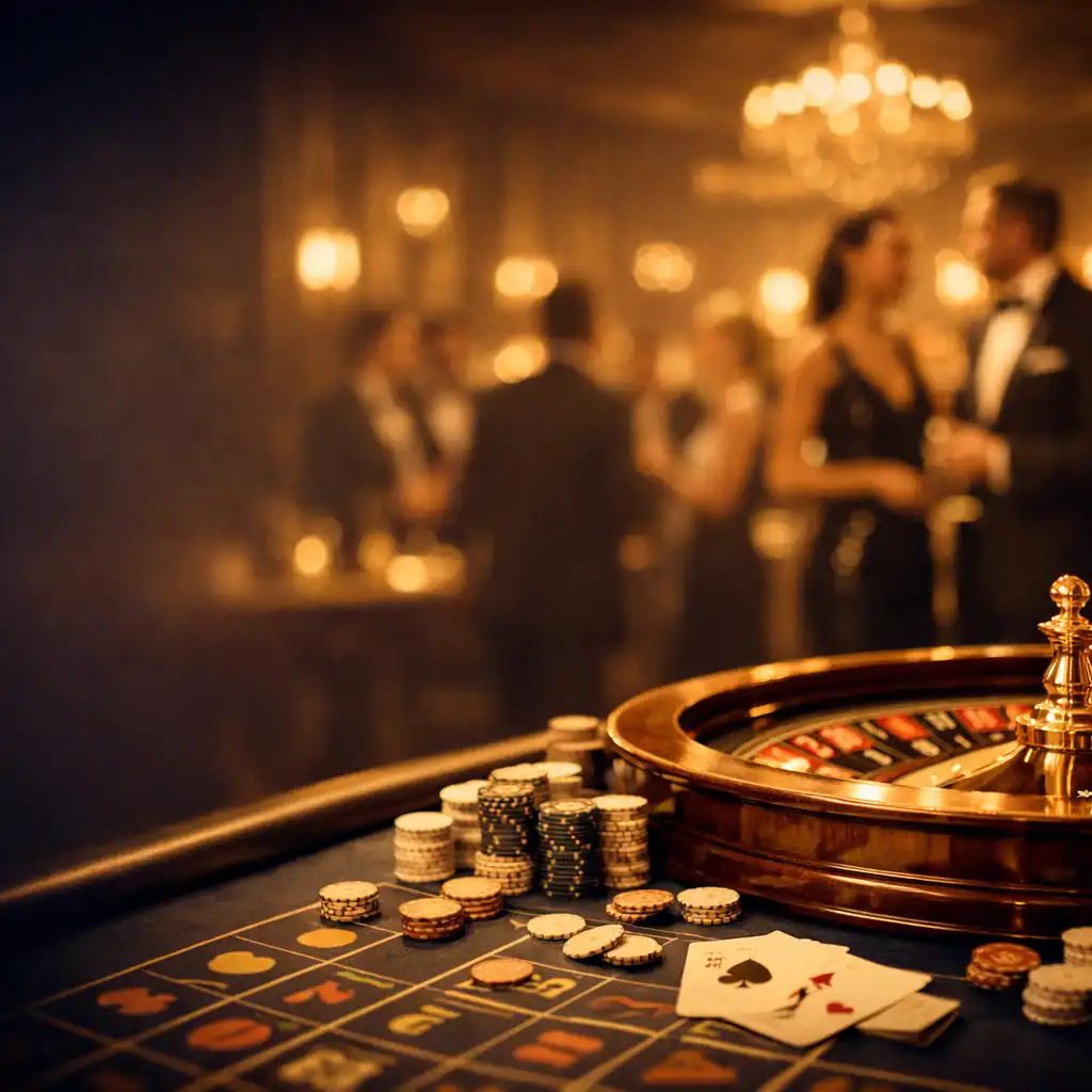 Elegant casino night event in a luxurious London venue with a roulette table, chips and cards in the foreground