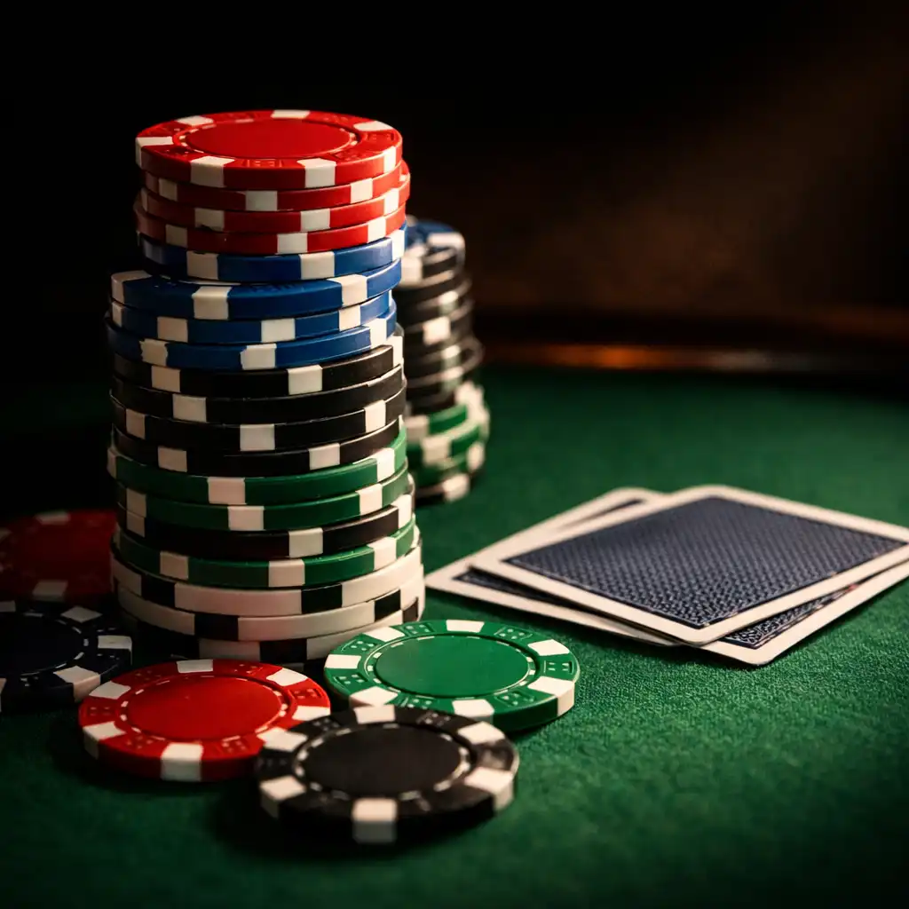 Stack of poker chips on a green felt table