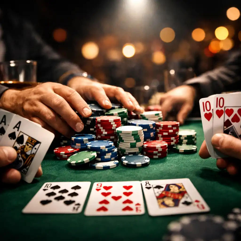 Dynamic poker game in progress with hands holding cards and pushing chips