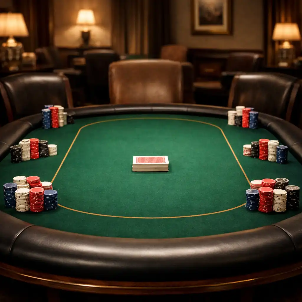 Professional poker table set up in an elegant room with chips and cards