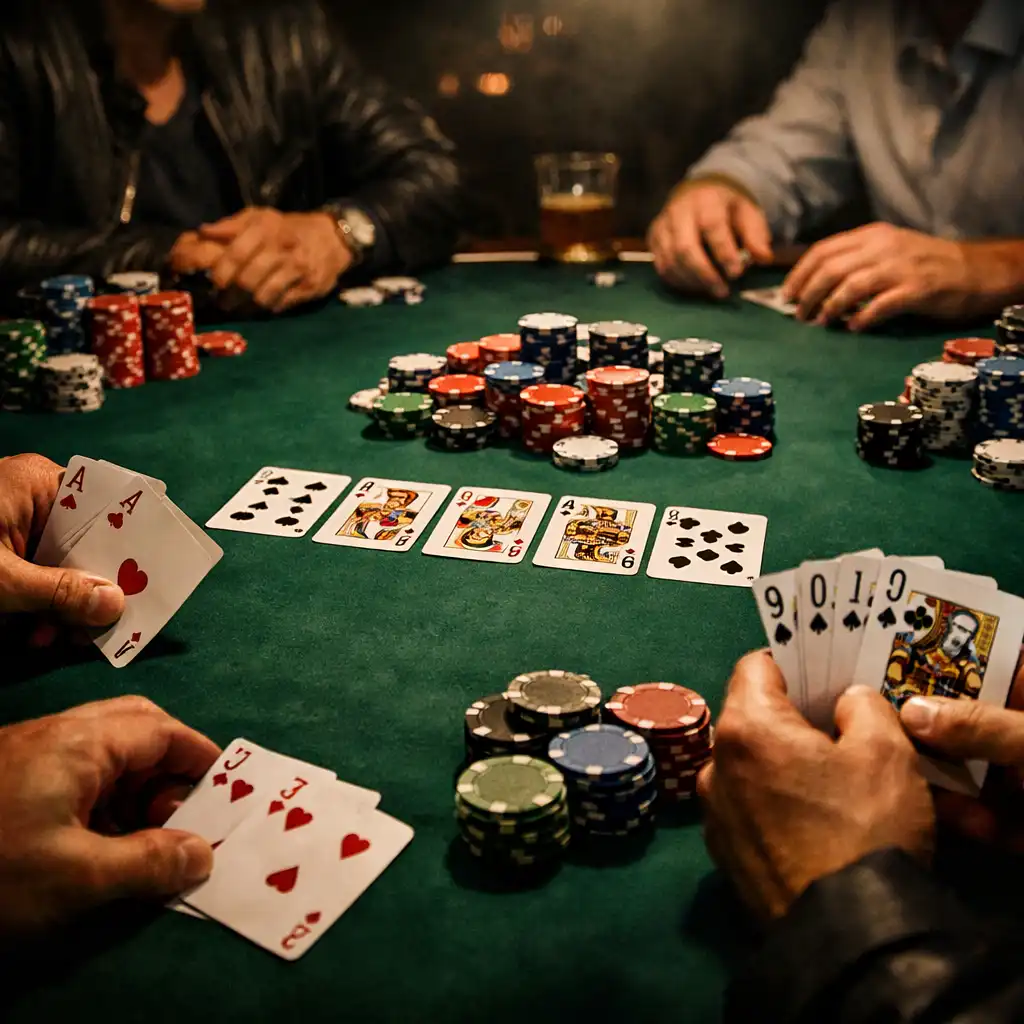 Poker table with players and chips in dramatic lighting