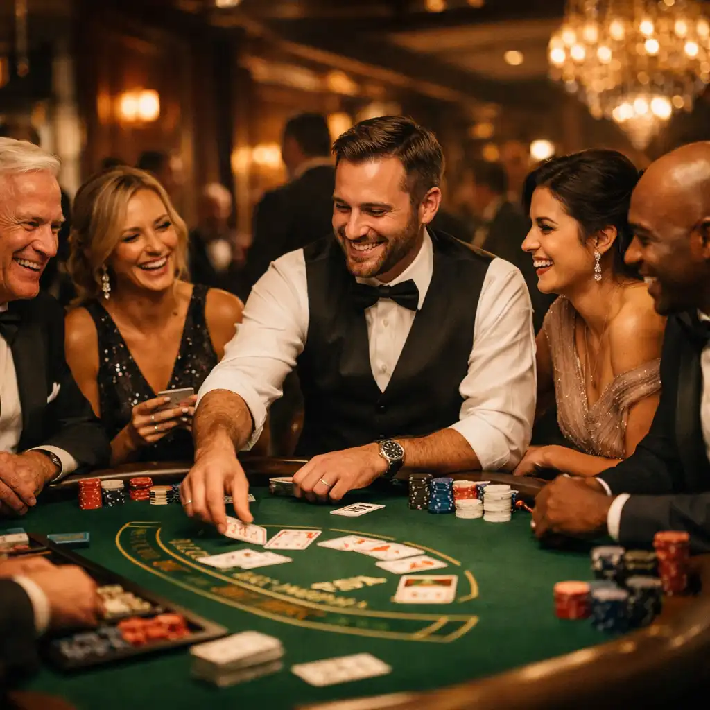 Guests in formal attire enjoying a blackjack table at an upscale private event with a professional dealer