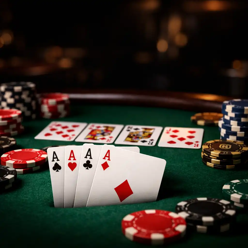 Close-up of a poker table with cards and chips in dramatic lighting
