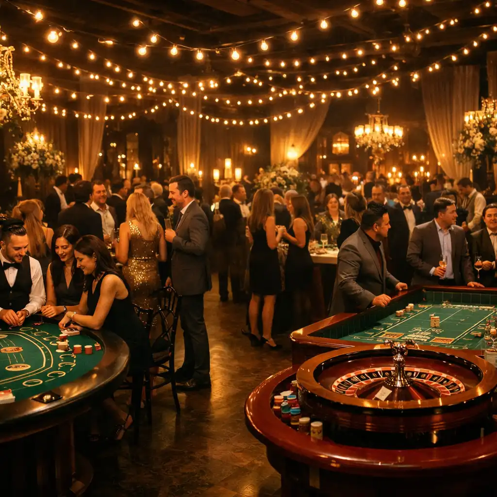Beautifully decorated private party venue with multiple casino tables and guests mingling
