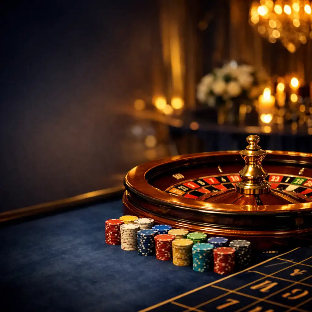 Luxurious casino table with roulette wheel and stacks of colorful chips in an elegant private party setting