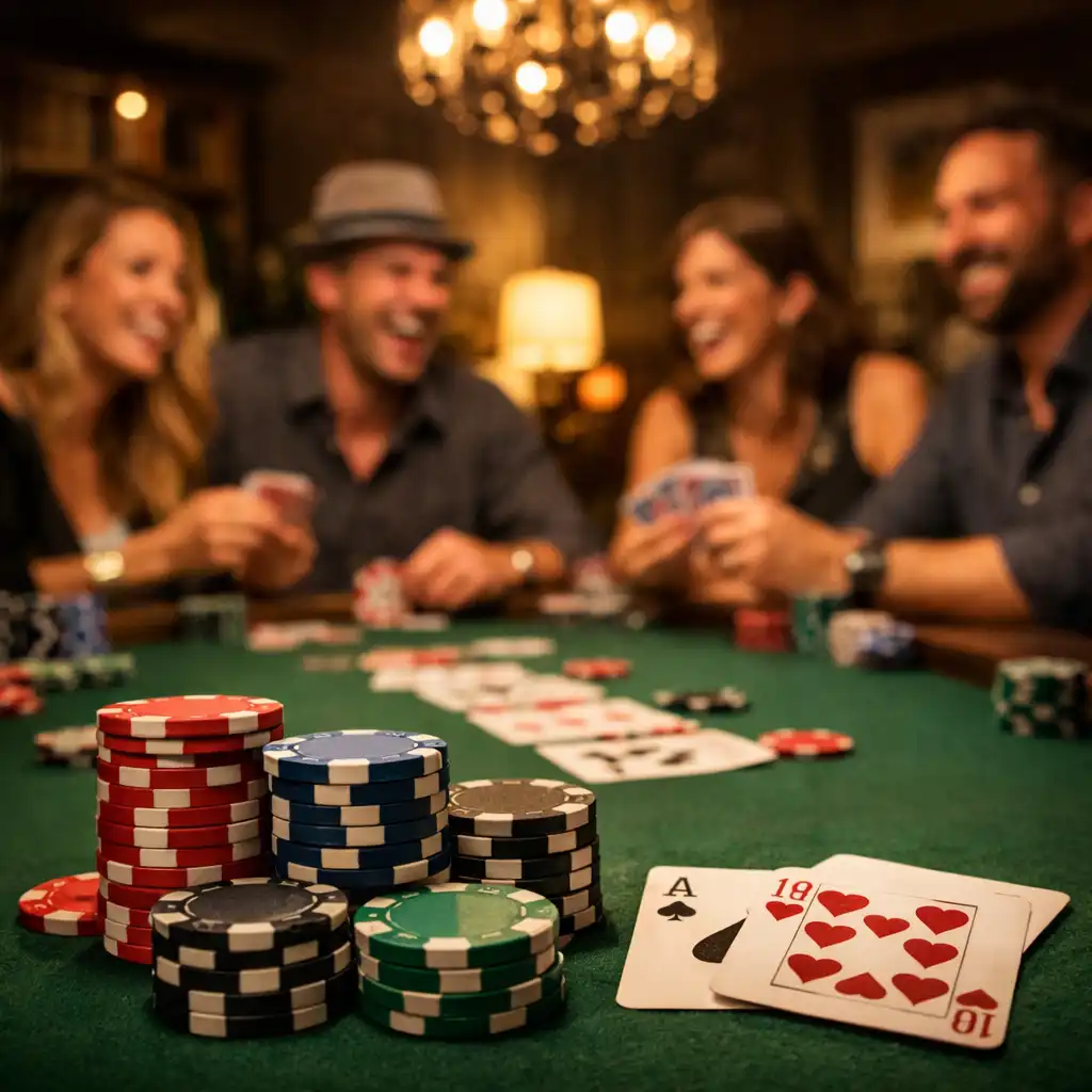 Private poker lounge with chips and cards at a birthday celebration
