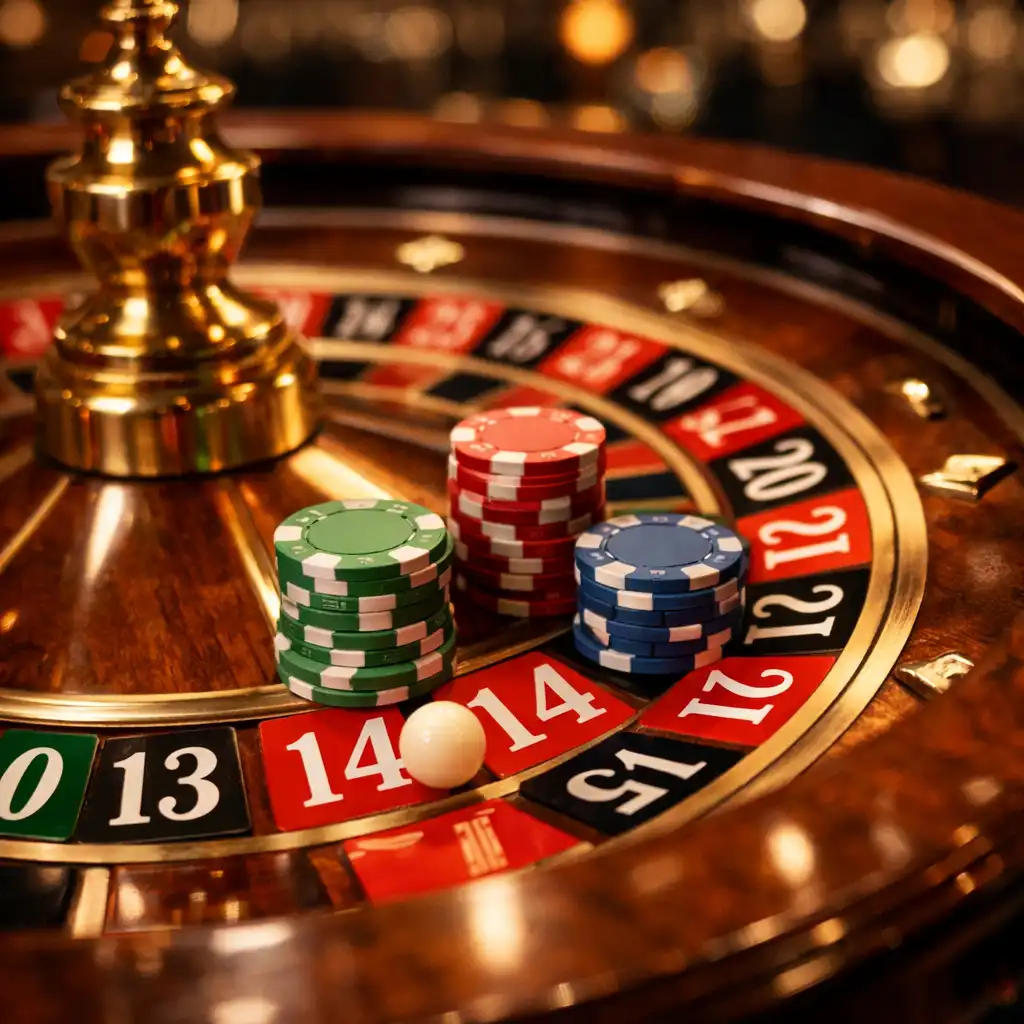 Close-up of a roulette wheel with chips