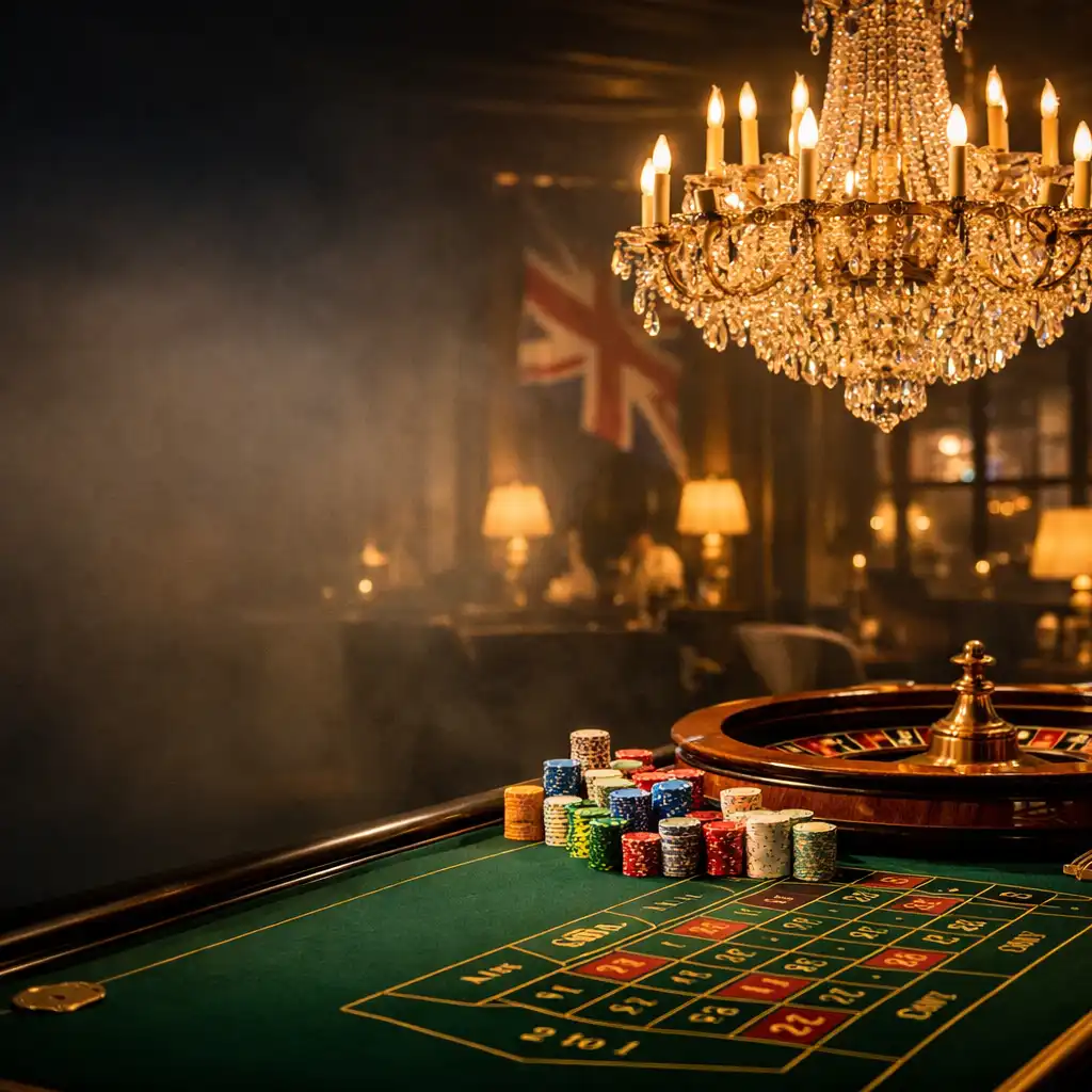 Luxurious casino table setting with roulette wheel, chips, and crystal chandelier in a dimly lit London event space