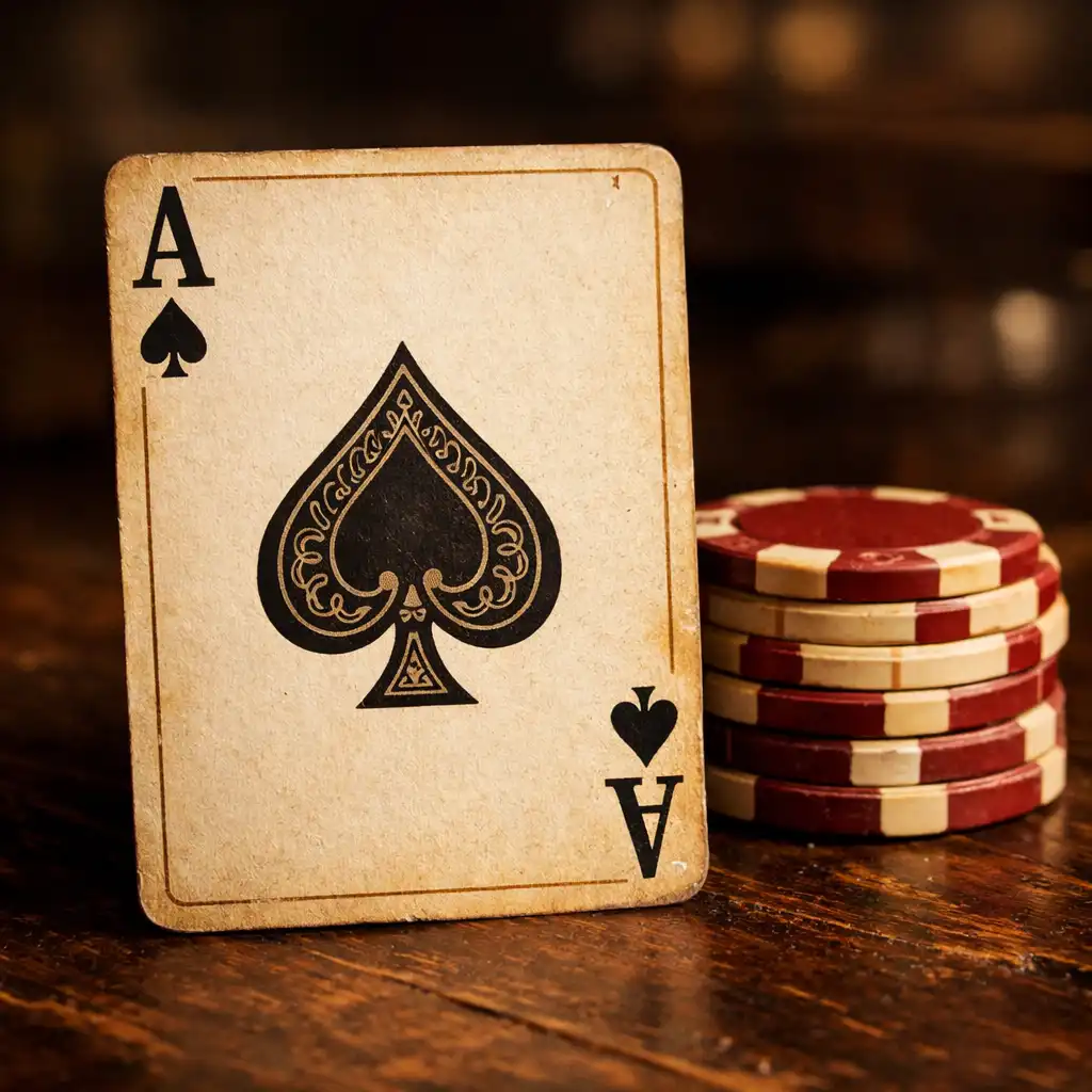 Vintage ace of spades playing card and poker chips on a dark wooden table